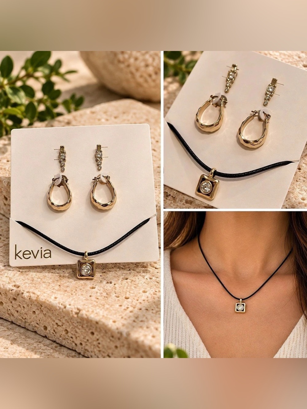NWT Kevia 18K Gold Plated Crystal Necklace & Earrings Set